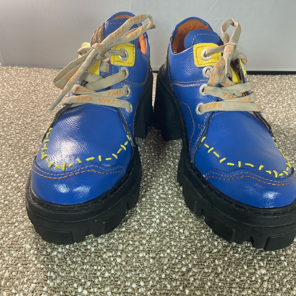 Women’s Hand Sewn TMA Blue Chunky Platform Shoes with Yellow Stitching